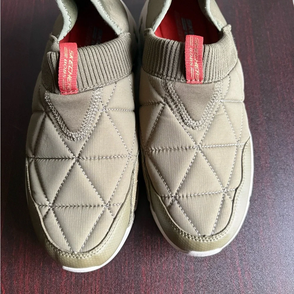 Skechers Olive Green Quilted Slip-On Athletic Shoes with Red Pull Tab